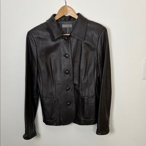Kate Hill Brown Leather Jacket Button Front Tailored Vintage Blazer Style